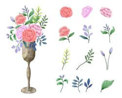 en uppsättning blommor målade i akvarell för designerarbete skapa vektor