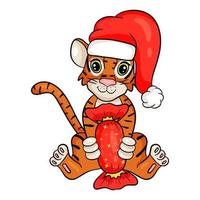Tiger in Nikolausmütze mit Praline. Symbol des neuen Jahres nach dem chinesischen oder östlichen Kalender. Vektor editierbare Illustration, Cartoon-Stil