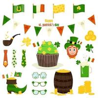 st. Patrick's Day Vektorsymbole einzeln auf weißem Hintergrund gesetzt. flacher Stil, Cartoon-Stilelemente Kleeblatt, Kobold, Goldfass, Bier, Schuh, Brille, Pfeife, Fahnen, Kuchen vektor