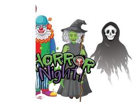 Horror-Nacht-Textdesign mit Halloween-Geisterfiguren vektor