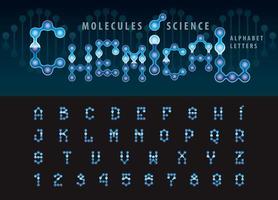 abstrakt molekyl cell alfabetet bokstäver och siffror, geometriskt teckensnitt futuristisk kemikalie, krom bokstäver set vektor