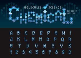 abstrakte Buchstaben und Zahlen des Molekül-Zellalphabets, futuristische Chemikalie der geometrischen Schriftart, Satz von Chrombuchstaben vektor