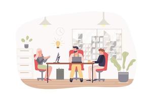 Teamarbeit im Büro modernes flaches Konzept. mitarbeiter sitzen im konferenzraum, besprechen aufgaben und entwickeln ideen für die geschäftsentwicklung. vektorillustration mit menschenszene für webbannerdesign vektor