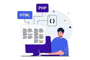 programmerare som arbetar modernt platt koncept för webbbannerdesign. man programmerar kod i html och php, testar och hittar kreativa lösningar, skapar mjukvara. vektor illustration med isolerade människor scen