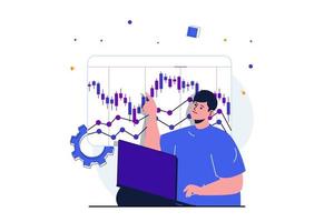 aktiemarknaden moderna platt koncept för webb banner design. man analyserar finansiella diagram och statistik, investerar pengar och tjänar inkomster på börsen. vektor illustration med isolerade människor scen