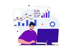 Marketing modernes flaches Konzept für Web-Banner-Design. Der Mensch analysiert Daten, studiert Diagramme und entwickelt eine Strategie und einen Marketingplan zur Förderung des Geschäfts. vektorillustration mit lokalisierter personenszene vektor