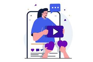 videobloggning modernt platt koncept för webbbannerdesign. kvinnlig bloggare som gör videoinnehåll, samlar likes och följare prenumererar på blogg på app. vektor illustration med isolerade människor scen