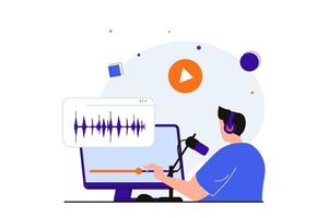 podcast streaming modernt platt koncept för webbbannerdesign. man i hörlurar spelar in podcast på professionell utrustning och bearbetar ljud på dator. vektor illustration med isolerade människor scen