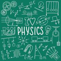 Symbolsatz für Physiksymbole. Wissenschaftsthema Doodle-Design. Bildungs- und Studienkonzept. Zurück zur Schule skizzenhafter Hintergrund für Notizbuch, nicht Block, Skizzenbuch. vektor