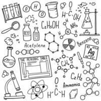 Symbolsatz für Chemiesymbole. Wissenschaftsthema Doodle-Design. Bildungs- und Studienkonzept. Zurück zur Schule skizzenhafter Hintergrund für Notizbuch, nicht Block, Skizzenbuch. vektor