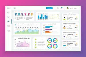 Dashboard Admin Panel Vektor-Design-Vorlage mit Infografik-Elementen, Diagramm, Diagramm, Info-Grafiken. Website-Dashboard für UI- und UX-Design-Webseiten. Vektor-illustration vektor