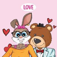 Hasenbär Cuple. Bär und Hase die Liebhaber Vektor Illustration Cartoon isoliert auf weißem Hintergrund. süßer valentinstag-vektor-cartoon. bär umarmung kaninchen süßer pastellkarikatur.