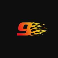 Nummer 9 Burning flame logo design mall vektor