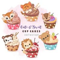 djur och cup cakes illustration set vektor