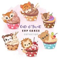 illustrationssatz für tiere und cupcakes vektor