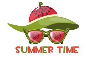 Sonnenbrille und ein Wassermelonen-Strandhut im Sommer. sommerzeit schriftzug oder logo. vektor