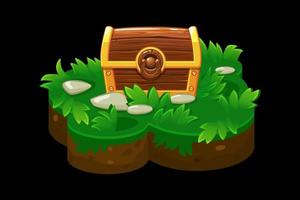 eine offene Schatztruhe auf einer isometrischen Grasplattform. Holzkiste mit Goldmünzen auf der Insel für das Spiel.