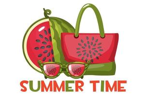 solglasögon, en strandväska och en skivad vattenmelon. uppsättning strandobjekt och logotyp. vektor