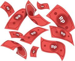 finansiella vektor bakgrund. pengar som regnar, flygande röda sedlar på en vit bakgrund. kasino jackpot koncept. indonesisk bankvaluta är ruliah. illustration av fallande prispengar.