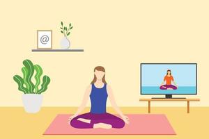 online-fitness-yoga-konzept mit weiblicher uhr online-kurs-tutorial für gesundheitstraining mit modernem flachem stil vektor