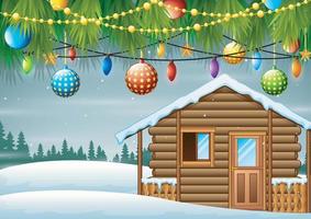 julgransgirlang och trähus på vinterbakgrunden vektor