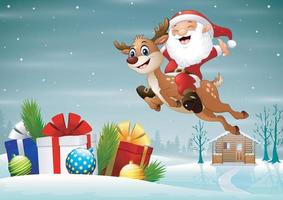 glücklicher weihnachtsmann liefert geschenke mit einem hirsch vektor