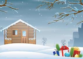 vinterlandskap med snö trähus och lådor gåva vektor