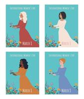 uppsättning vykort för internationella kvinnodagen. kvinnor av olika nationaliteter i blommor. vektor illustration