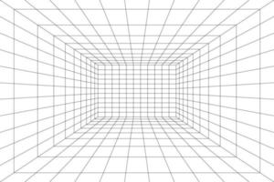 Rasterraum in Perspektive, Vektordarstellung im 3D-Stil. Innendrahtgitter aus schwarzen Linien, Vorlageninnenquadrat, digitale leere Box. Minimales Hintergrunddesign vektor