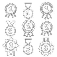handritad uppsättning medaljer doodles. mästare och vinnare belönar medalj med band i skiss stil. vektor illustration isolerad på vit bakgrund.