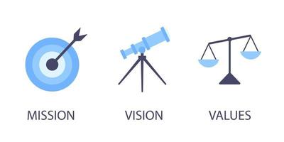 Mission, Vision und Werte flache Design-Ikonen Zeichen Web-Konzepte Vektor-Illustration-Set isoliert auf weißem Hintergrund. vektor