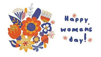 gratulationskort, banderoll för den internationella kvinnodagen den 8 mars. buketter med färgglada blommor. vektor illustration på en vit bakgrund.