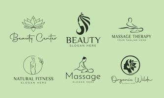 uppsättning spa element handritad logotyp med kropp och blad. logotyp för spa och skönhetssalong, boutique, massageterapi, ekologisk butik, avkoppling, kvinnans kropp, yoga, kosmetikaaffär. gratis vektor