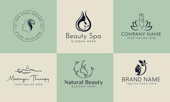 satz von handgezeichnetem logo des spa-elements mit körper und blättern. logo für spa- und schönheitssalon, boutique, massagetherapie, bioladen, entspannung, frauenkörper, yoga, kosmetikgeschäft. kostenloser Vektor