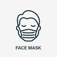 man i ansiktsmask linje ikon. medicinsk ansiktsskyddsmask täcker mun och näsa på människa. bär andningsskydd mot virus, luftföroreningar, damm och allergi. vektor illustration.