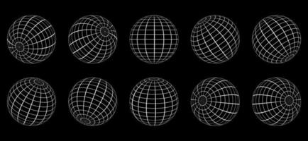 vit globe rutnät sfär på svart bakgrund. 3d tråd global jordlatitud, longitud. trådbunden linje 3d planet världen. geometrisk rund rutnät nätboll. wireframe glob yta. isolerad vektor. vektor