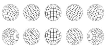 globe rutnät sfär set. 3d tråd global jordlatitud, longitud. geometriska rutnätsklot. trådbunden linje 3d planet världen. rund nätboll. wireframe glob yta. isolerade vektor illustration.