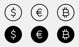 världens valuta linje och siluett ikonuppsättning på transparent bakgrund. euro, usd dollar, bitcoin myntikon. pengar symboler och kryptovaluta tecken. isolerade vektor illustration.