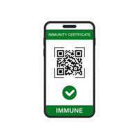 Immunitätszertifikat im Mobiltelefon. digitaler grüner Pass im Smartphone-Piktogramm. geprüftes immunitätszertifikat mit scan-qr-code im handy. Epidemiekontrolldokument. isolierte vektorillustration. vektor