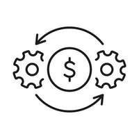 kostnadseffektiv linjeikon. kugghjul, kugghjul och dollarsymbol. ikon för effektivitet och optimering. drift och produktion av att tjäna pengar koncept. vektor illustration.