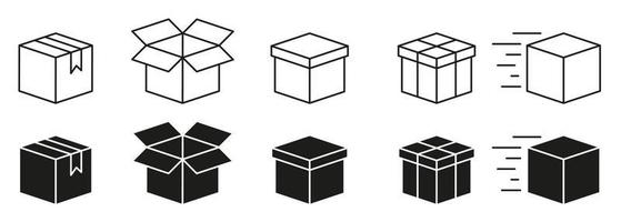 kartonger linje och siluett Ikonuppsättning. öppen och stängd paketinsamlingsikon. leverans ikon. kartonger. isolerade vektor illustration.