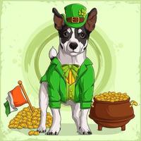 St Patrick's Jack Russell hund i trollhatt och kostym med en kruka med guldmynt och den irländska flaggan vektor