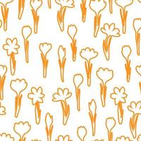 Frühlingsblumenkrokus, Safran nahtlose Muster. Hintergrund für Geschenkpapier, Textil, Stoff, Tapete, Sammelalbum, Glückwunsch Ostern, Mutter- und Frauentag. kindischer Gekritzelstreichstil