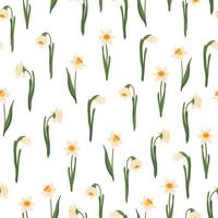 Vektor nahtlose Muster von gelben Narzissen oder Narzissen. handgezeichneter botanischer Hintergrund. Frühjahr Topfgarten Blume blühende Knollenpflanze mit Wurzel. florale Textur im flachen Stil