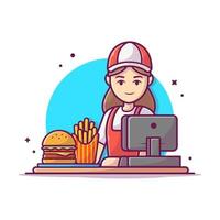 mädchenkassiererin mit fast-food-cartoon-vektorsymbolillustration. Menschen essen Symbol Konzept isoliert Premium-Vektor. flacher Cartoon-Stil vektor