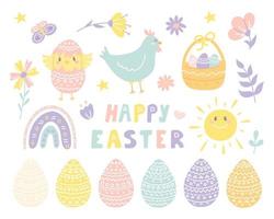 söt uppsättning av påskdesignelement med kyckling, ägg, blommor, sol i pastell vårfärger, handbokstäver, platt stil vektor