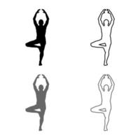 man står i lotusställning gör yoga siluett ikonuppsättning grå svart färg illustration kontur platt stil enkel bild vektor