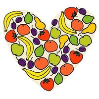 satz karikaturfrüchte lokalisiert auf weißem hintergrund. Herz mit handgezeichneten Früchten. Banane, Pflaume, Orange, Birne, Limette, Persimone isoliert auf weißem Hintergrund. Cartoon-Obst. vektor