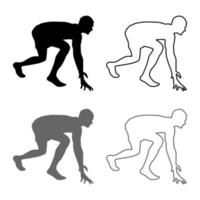 löpare förbereder sig för att börja springa börja springa löpare i redo hållning till sprint siluett redo att starta ikonuppsättning grå svart färg illustration kontur platt stil enkel bild vektor
