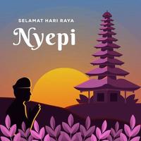 nyepi illustration hälsning. balis tystnadsdag med bedjande person vektor